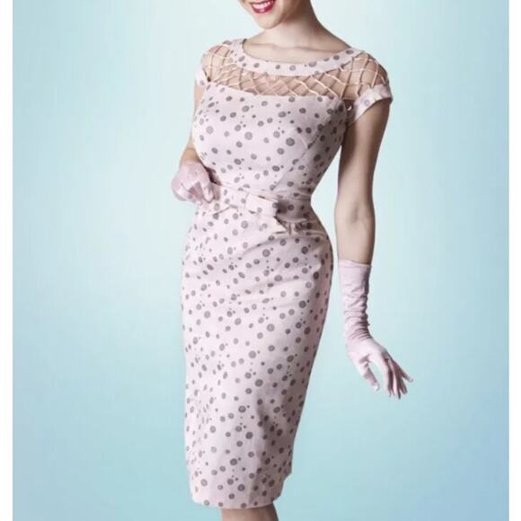 Tatyana Pin-Up Dress Women's Small Pink Grey Polka Dot Retro‎ Vintage 60s Style - Picture 1 of 16